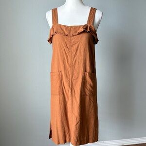 Rust Brown Ruffle Linen Sleeveless Midi Dress